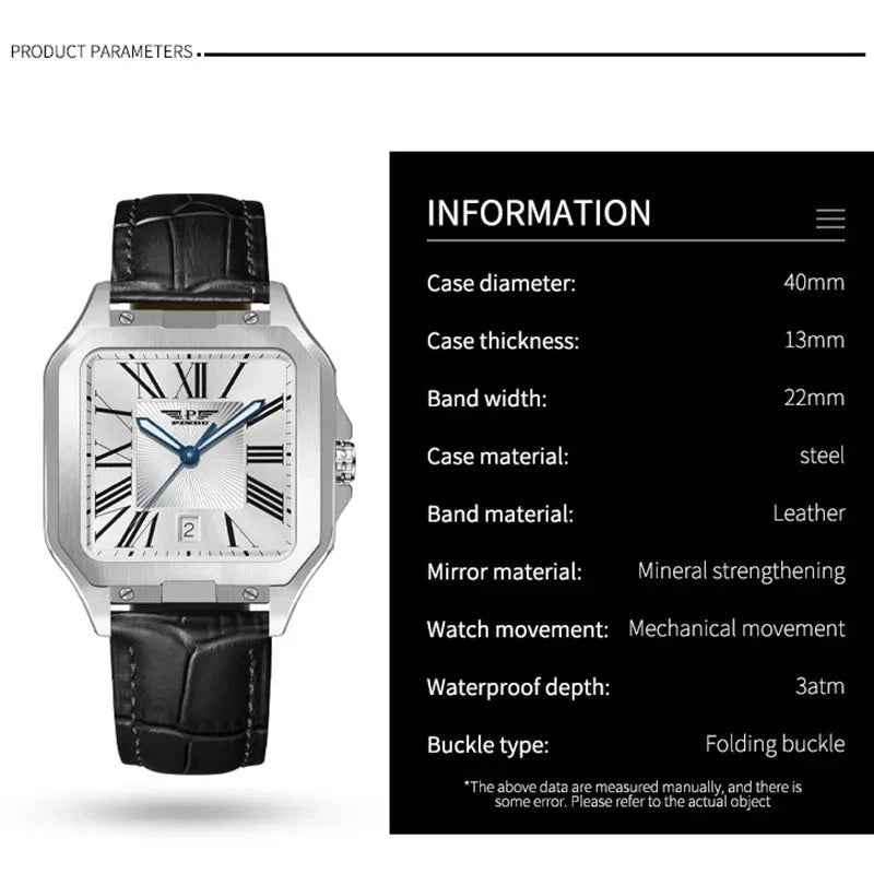 PINDU P6515 men's automatic square cushion watch specifications 40mm steel case mineral glass 3ATM mechanical movement