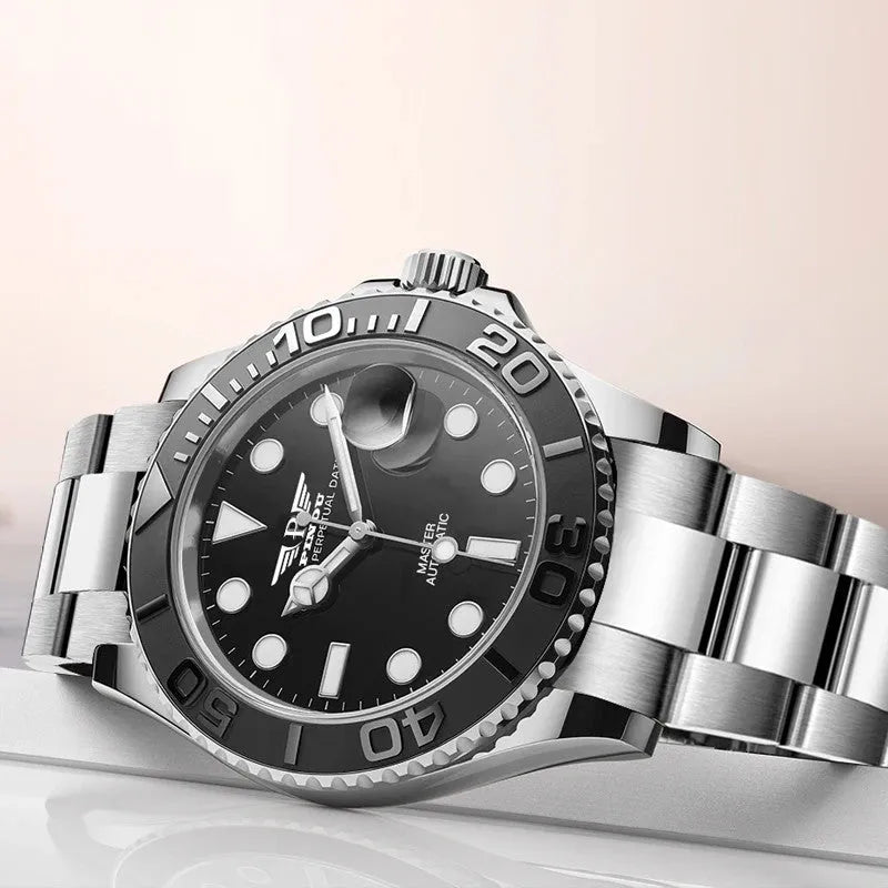 PINDU P6519 Water Ghost GMT automatic watch angled product shot sunken ship underwater aesthetic black dial GMT bezel