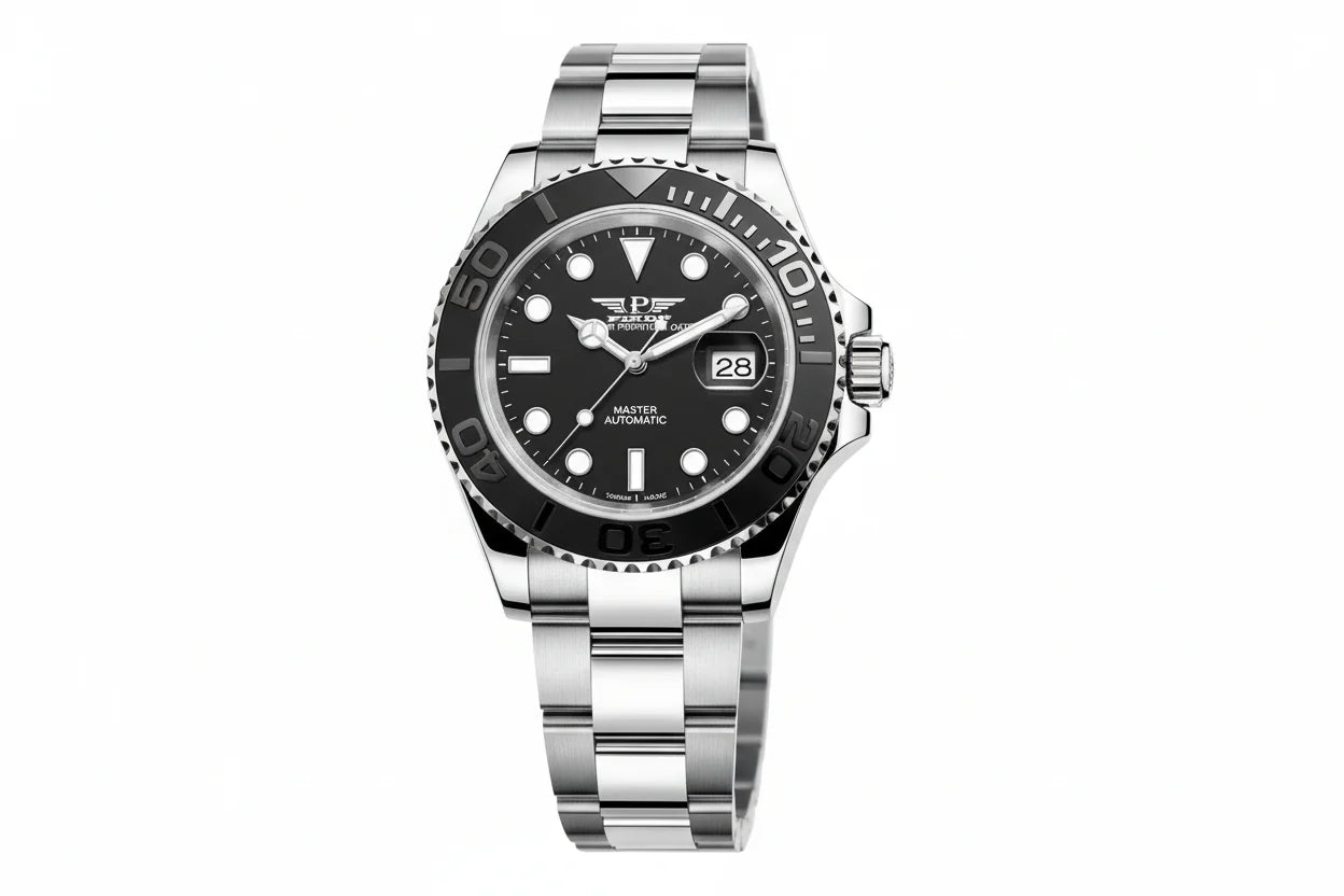 PINDU P6519 Water Ghost GMT automatic 40mm watch silver case two-tone bracelet black dial black white GMT bezel front view