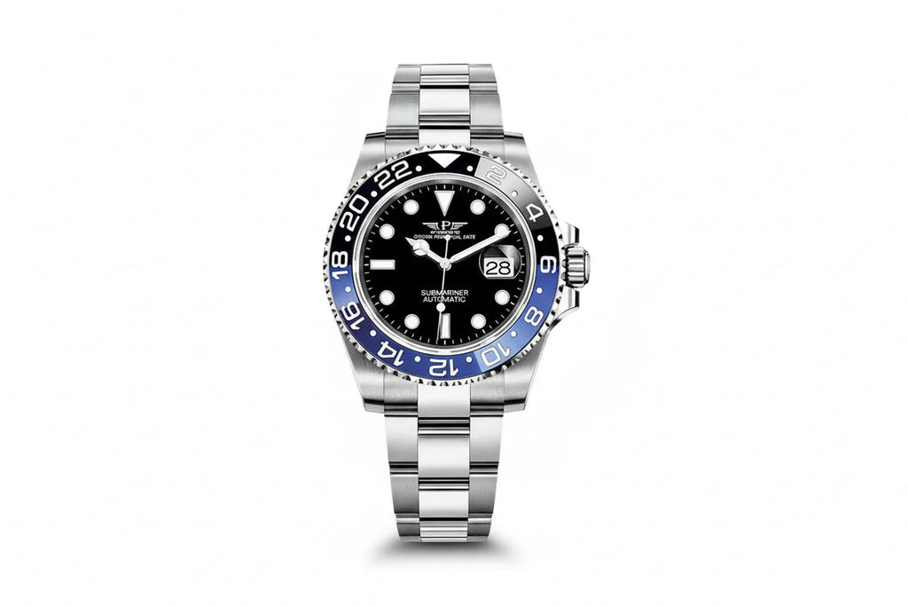 PINDU P6519 Water Ghost GMT automatic 40mm watch silver case two-tone bracelet black dial blue black Blueberry GMT bezel front view