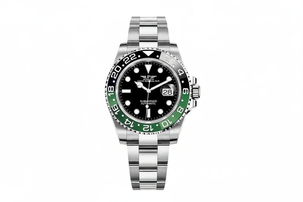 PINDU P6519 Water Ghost GMT automatic 40mm watch silver case two-tone bracelet black dial green black GMT bezel front view