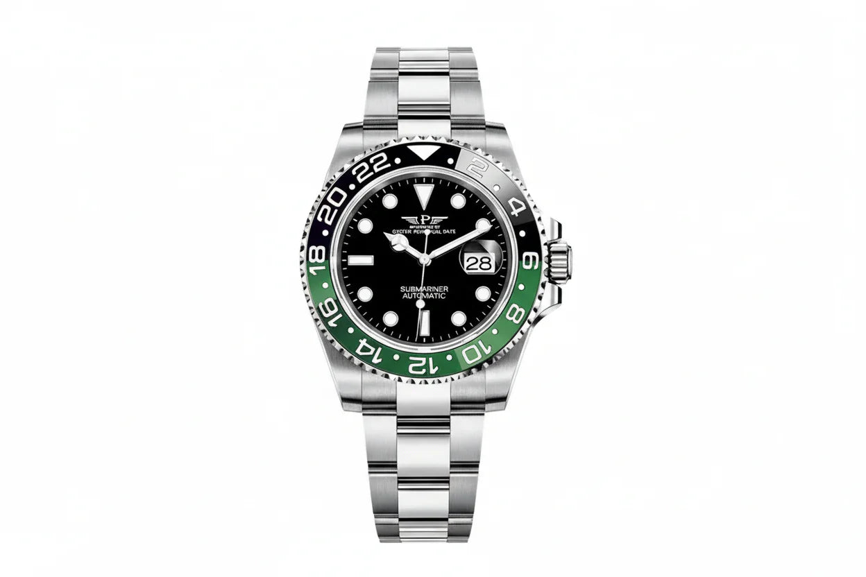 PINDU P6519 Water Ghost GMT automatic 40mm watch silver case two-tone bracelet black dial green black GMT bezel front view