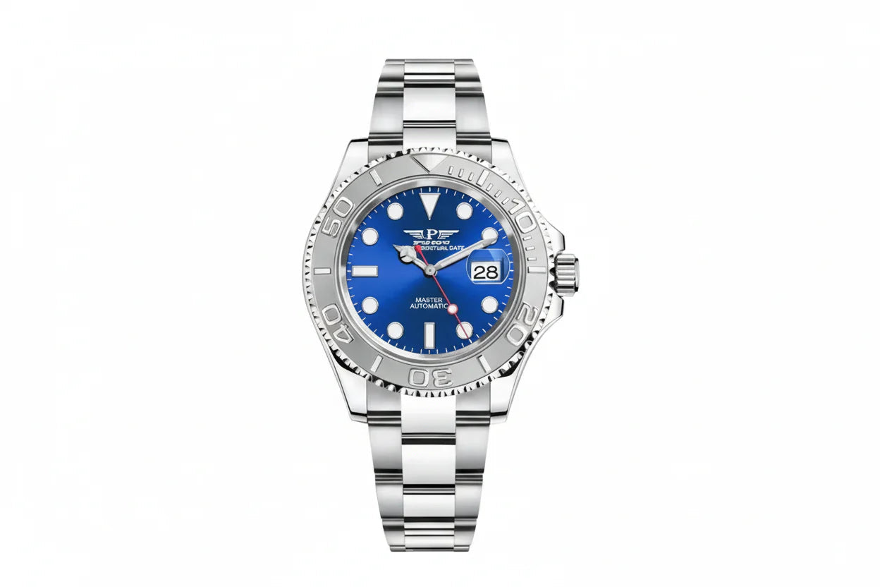 PINDU P6519 Water Ghost GMT automatic 40mm watch silver case two-tone oyster bracelet blue dial date window front view
