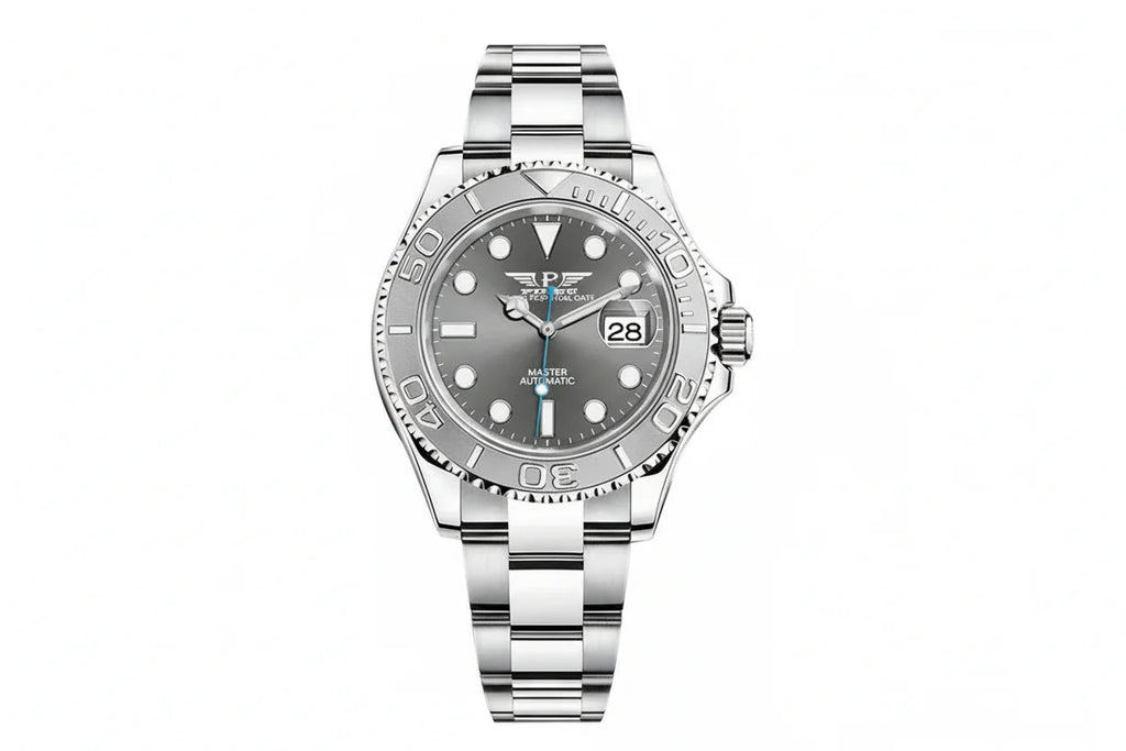 PINDU P6519 Water Ghost GMT automatic 40mm watch silver case two-tone bracelet grey dial stainless steel bezel front view