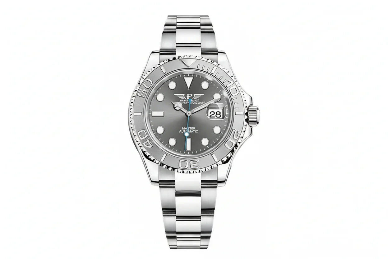 PINDU P6519 Water Ghost GMT automatic 40mm watch silver case two-tone bracelet grey dial stainless steel bezel front view