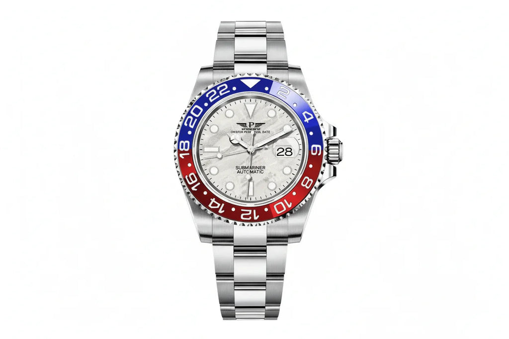 PINDU P6519 Water Ghost GMT automatic 40mm watch silver case two-tone bracelet white cream dial red blue GMT bezel front view