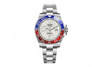 PINDU P6519 Water Ghost GMT automatic 40mm watch silver case two-tone bracelet white cream dial red blue GMT bezel front view