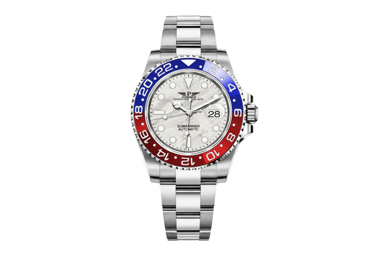 PINDU P6519 Water Ghost GMT automatic 40mm watch silver case two-tone bracelet white cream dial red blue GMT bezel front view