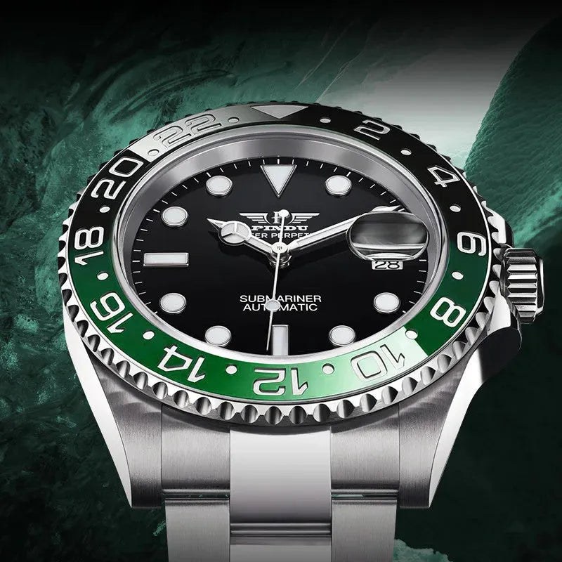 PINDU P6519 Water Ghost GMT automatic watch lifestyle underwater ocean themed background black dial green black GMT bezel