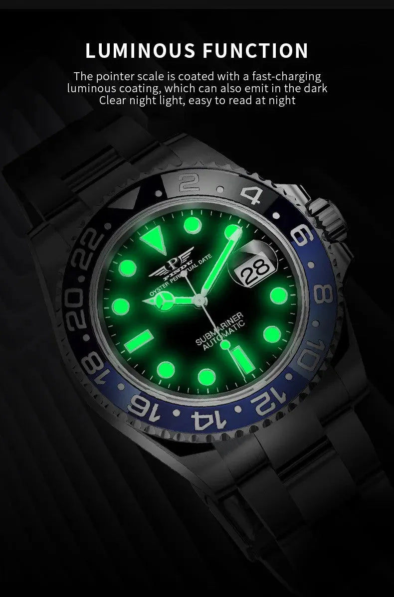 PINDU P6519 Water Ghost GMT automatic watch luminous function green lume glow hour markers hands dark background