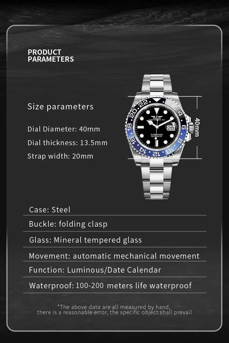 PINDU P6519 Water Ghost GMT automatic watch specifications 40mm steel case mineral glass luminous date 100-200M waterproof