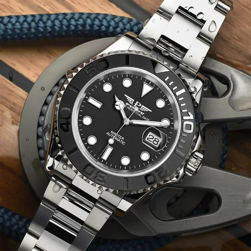 PINDU P6519 Water Ghost GMT automatic watch on wrist casual wear black dial green black GMT bezel two-tone bracelet