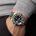 PINDU P6519 Water Ghost GMT automatic watch on wrist formal suit black dial green black GMT bezel two-tone bracelet