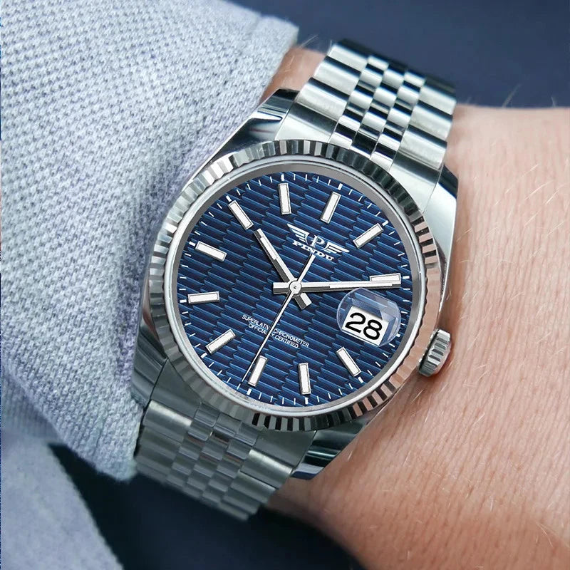PINDU P6525 men's dress automatic watch lifestyle dark background two-tone gold silver bracelet champagne dial