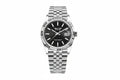 PINDU P6525 men's dress automatic watch silver case steel bracelet black horizontal textured dial fluted bezel date window front view