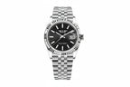 PINDU P6525 men's dress automatic watch silver case steel bracelet black horizontal textured dial fluted bezel date window front view