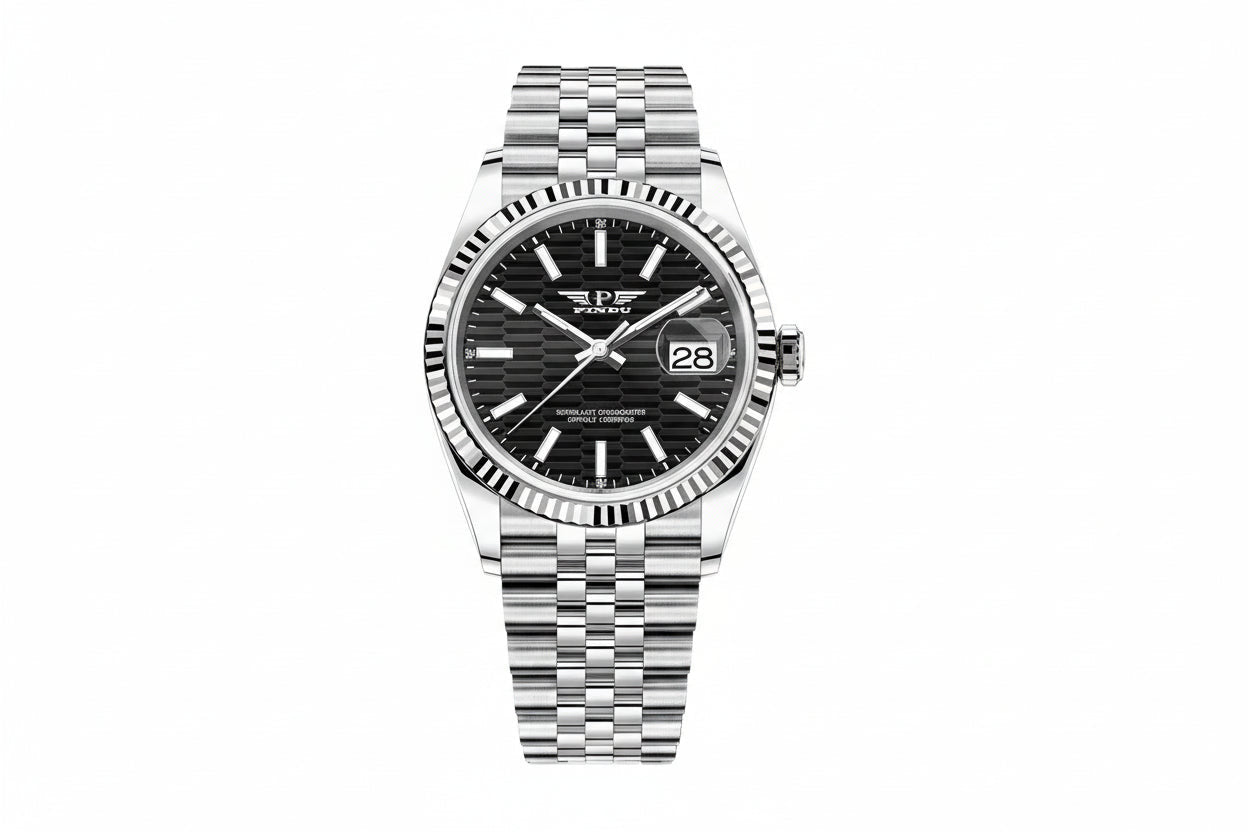 PINDU P6525 men's dress automatic watch silver case steel bracelet black horizontal textured dial fluted bezel date window front view