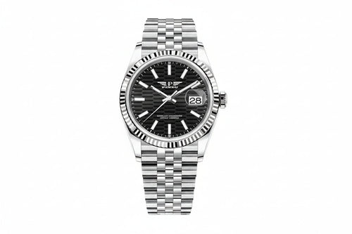 PINDU P6525 men's dress automatic watch silver case steel bracelet black horizontal textured dial fluted bezel date window front view