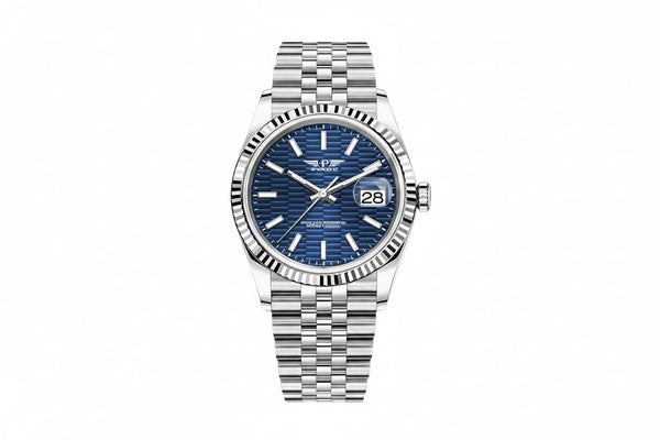 PINDU P6525 men's dress automatic watch silver case steel bracelet blue horizontal textured dial fluted bezel date window front view