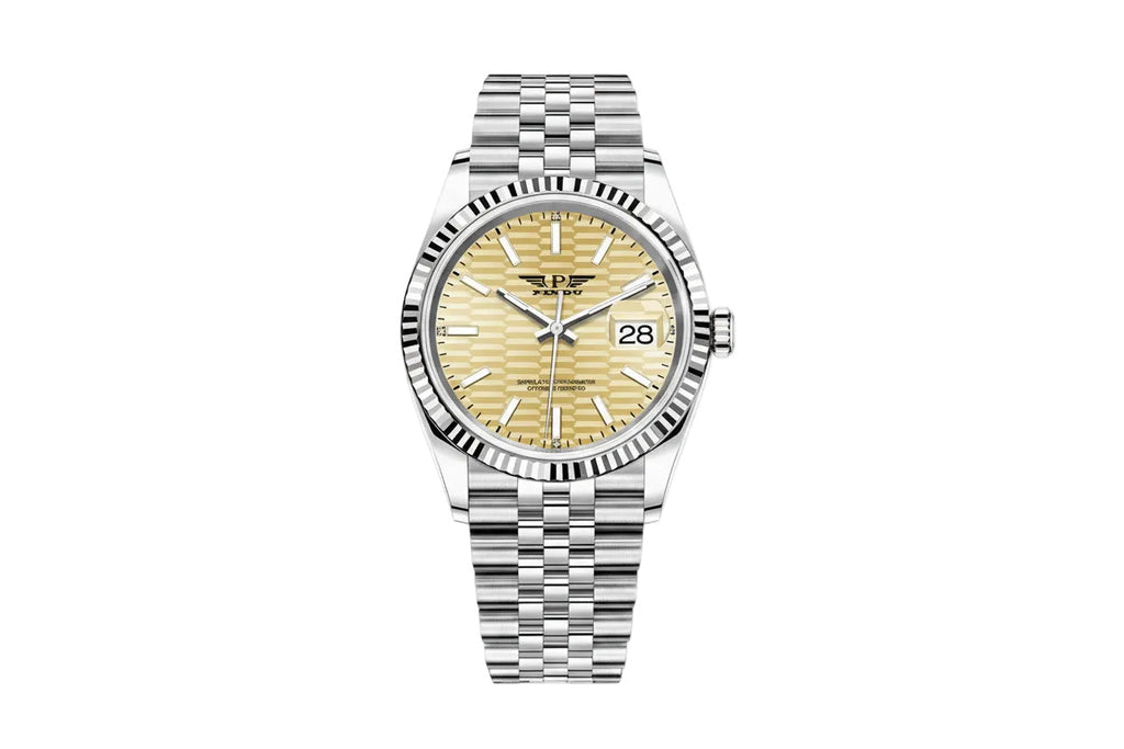 PINDU P6525 men's dress automatic watch silver case steel bracelet champagne gold horizontal textured dial date window front view