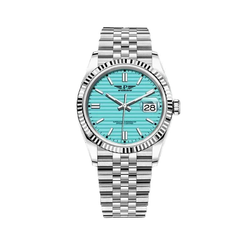 PINDU P6525 men's dress automatic watch silver case steel bracelet turquoise aqua horizontal textured dial date window front view