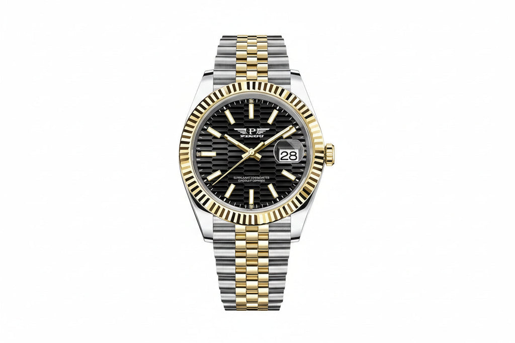 PINDU P6525 men's dress automatic watch two-tone gold silver bracelet black horizontal textured dial gold index markers front view