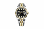 PINDU P6525 men's dress automatic watch two-tone gold silver bracelet black horizontal textured dial gold index markers front view