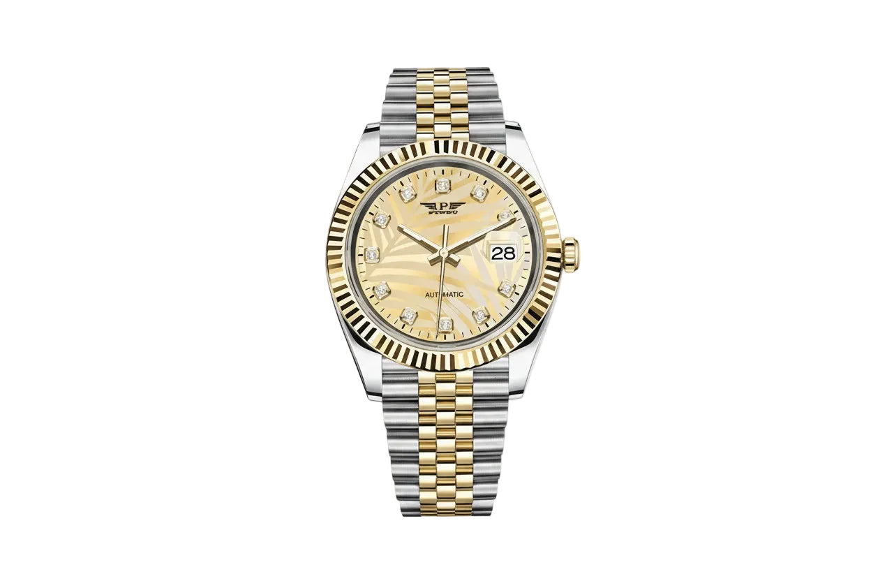 PINDU P6525 men's dress automatic watch two-tone gold silver bracelet champagne dial diamond index markers date window front view