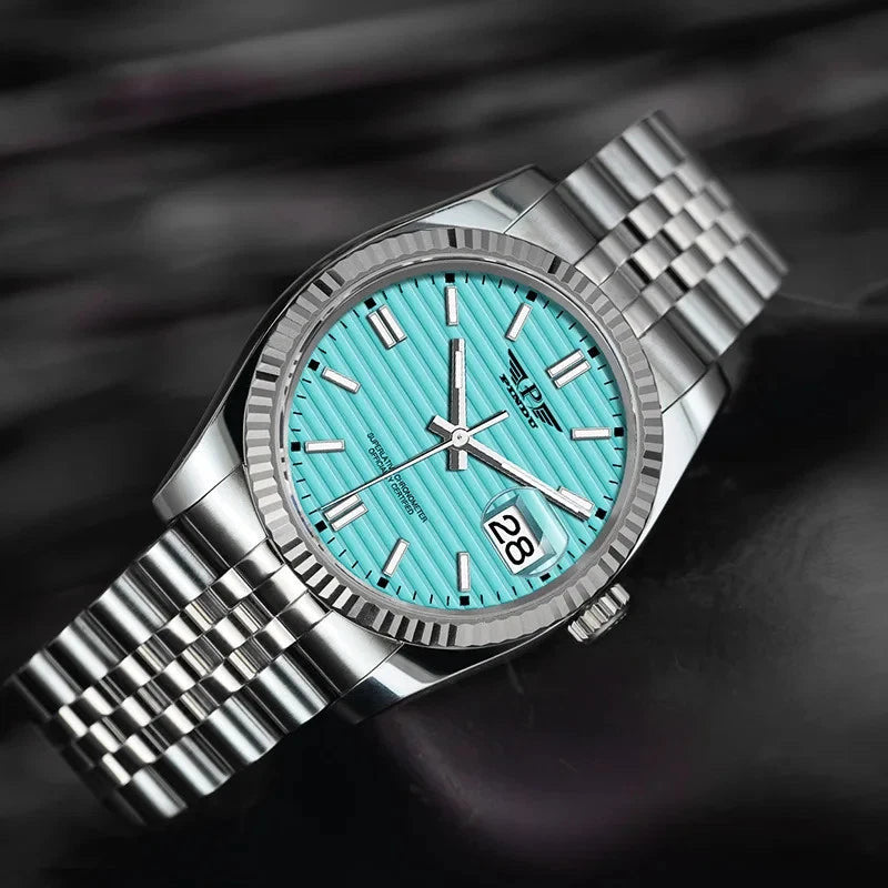 PINDU P6525 men's dress automatic watch on wrist turquoise aqua dial formal attire steel bracelet