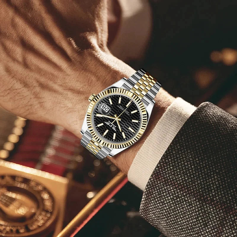 PINDU P6525 men's dress automatic watch on wrist two-tone gold silver bracelet black textured dial formal attire