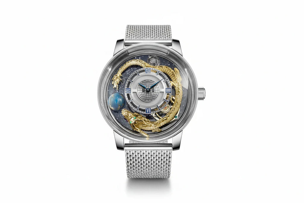 PINDU P6532 Tianlong Dragon Edition quartz watch close-up 3D golden dragon sculpture world globe celestial dial detail