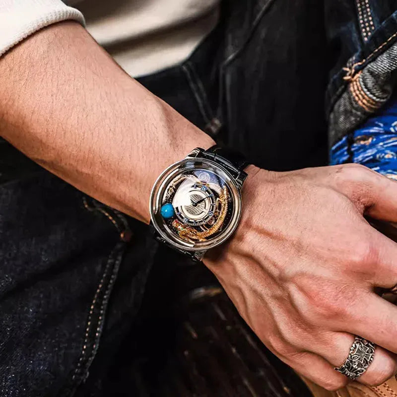 PINDU P6532 Tianlong Dragon Edition quartz watch lifestyle shot styled background golden dragon celestial design display