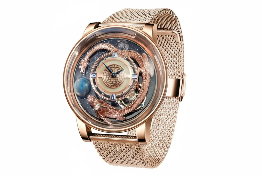 PINDU P6532 Tianlong Dragon Edition quartz watch rose gold case champagne Milanese mesh bracelet cream dial bronze dragon front view