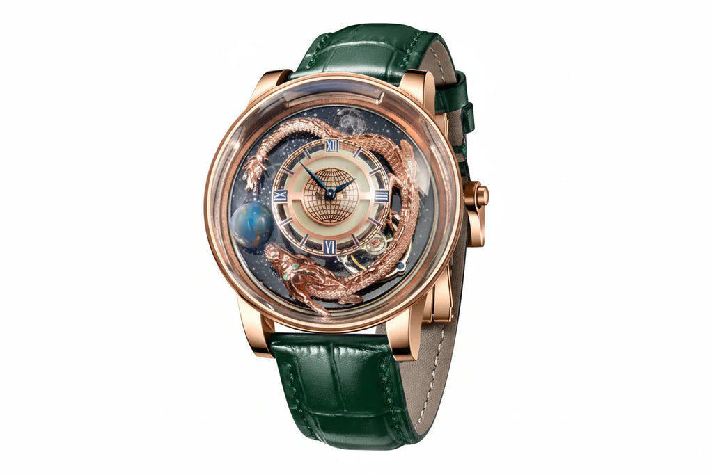 PINDU P6532 Tianlong Dragon Edition quartz watch rose gold case green leather strap dark navy starry dial dragon front view