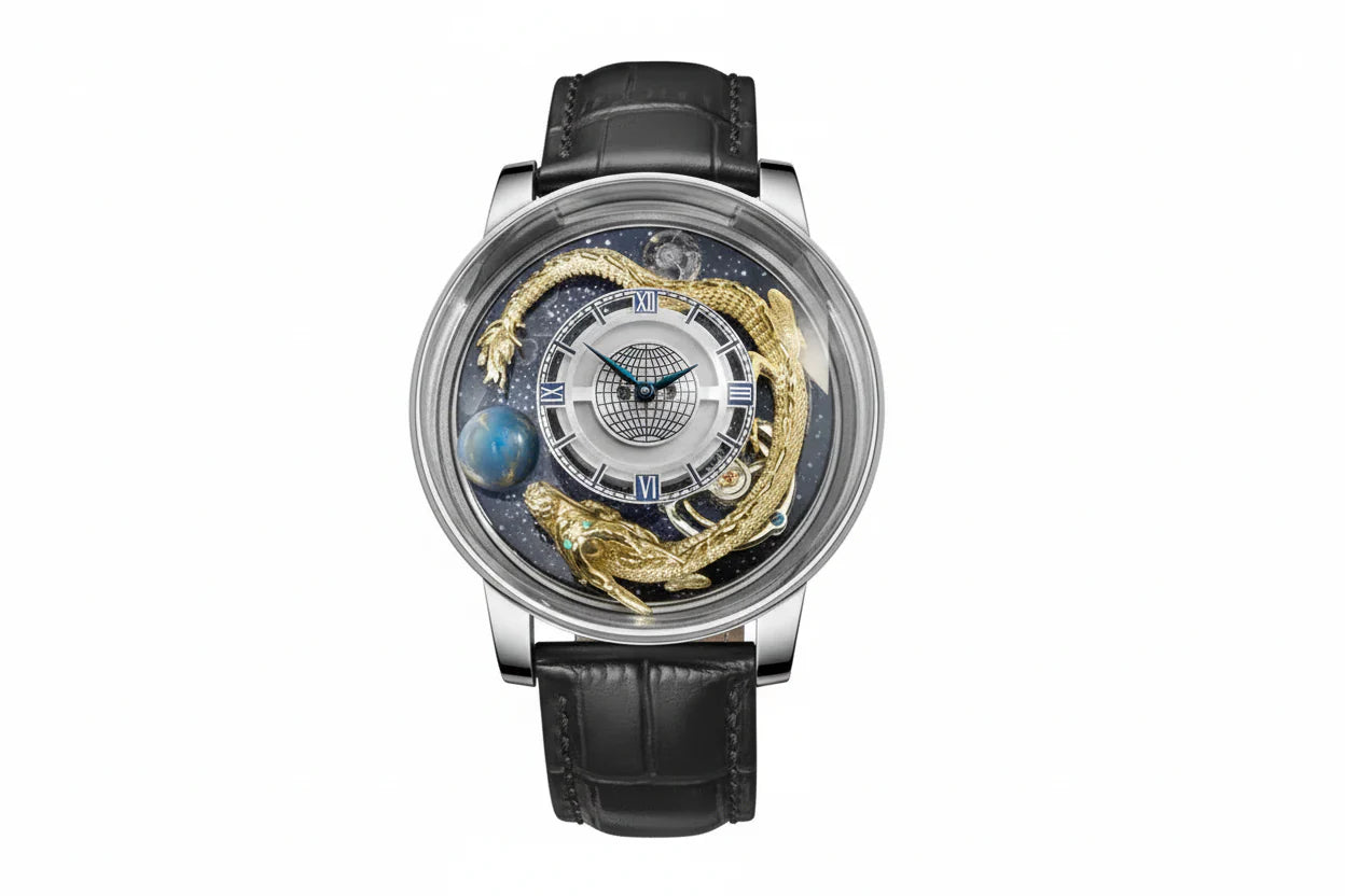 PINDU P6532 Tianlong Dragon Edition quartz watch silver case black leather strap golden dragon dark navy starry dial front view