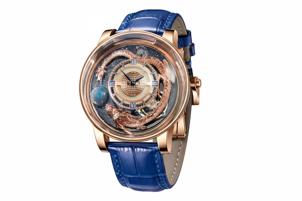 PINDU P6532 Tianlong Dragon Edition quartz watch silver case blue leather strap golden dragon starry night background dial front view