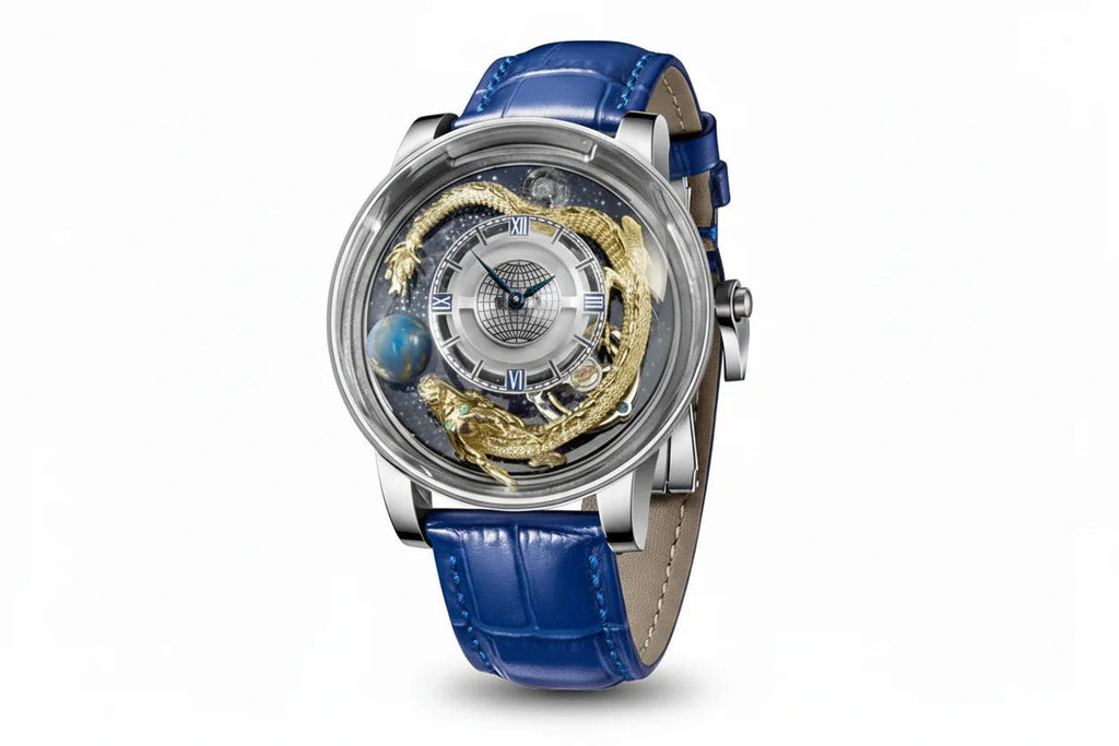 PINDU P6532 Tianlong Dragon Edition quartz watch silver case blue leather strap white dial golden dragon 3D sculpture front view