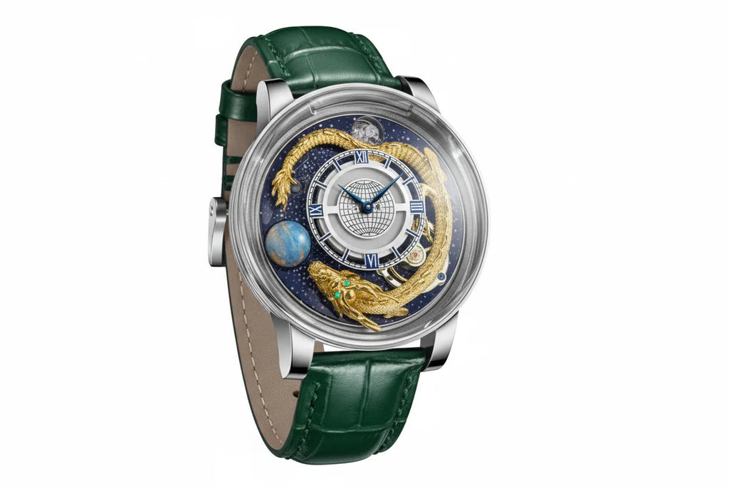 PINDU P6532 Tianlong Dragon Edition quartz watch silver case green leather strap navy starry dial golden dragon world globe front view