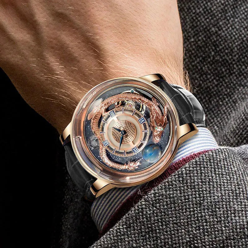 PINDU P6532 Tianlong Dragon Edition quartz watch on wrist casual setting blue leather strap dragon globe design