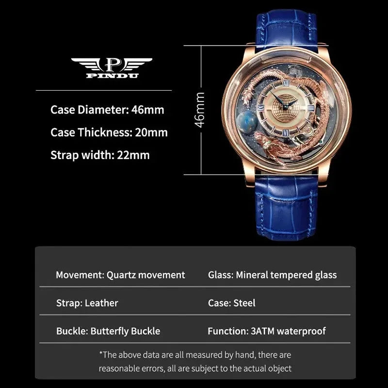 PINDU P6532 Tianlong Dragon Edition quartz watch specifications 46mm 3ATM waterproof butterfly clasp steel case leather strap