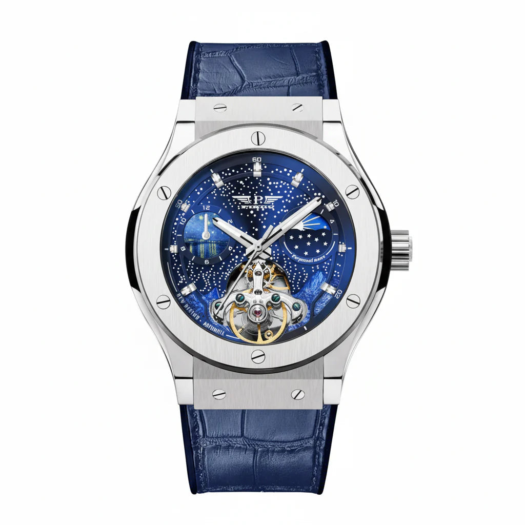 PINDU P6537 Mens Automatic Moonphase Watch silver case blue dial front view