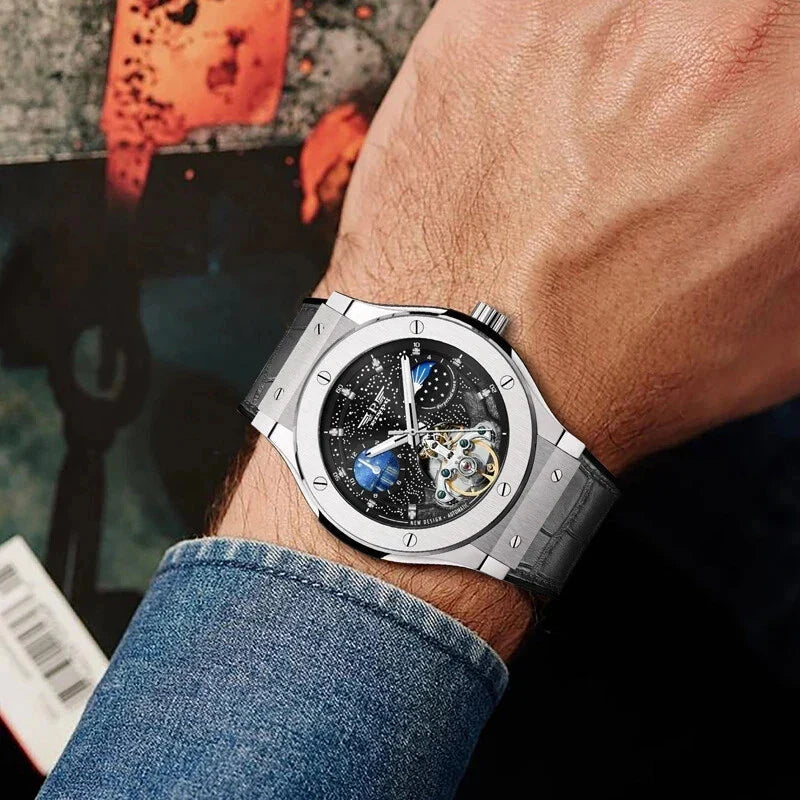 PINDU P6537 Mens Automatic Moonphase Watch silver case blue dial side view