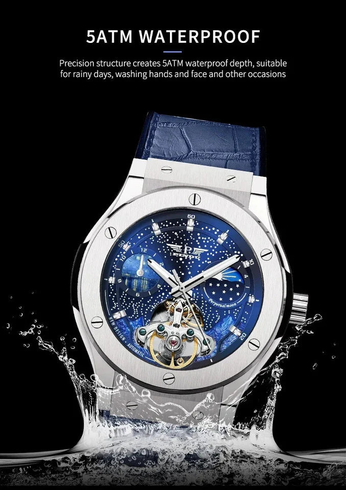 PINDU P6537 automatic moon phase watch 5ATM waterproof water splash black starfield dial blue leather strap moonphase tourbillon