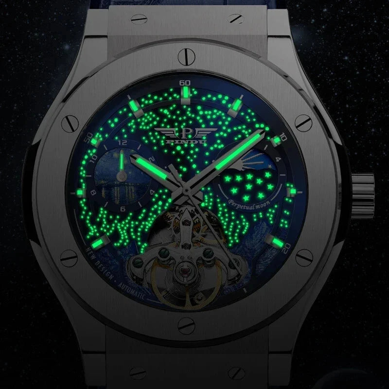 PINDU P6537 automatic moon phase watch luminous green lume glow dark background black starfield dial blue strap moonphase tourbillon