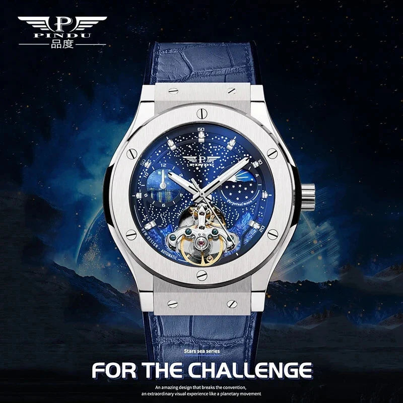 PINDU P6537 automatic moon phase watch promotional for the challenge starry mountain background blue dial moonphase tourbillon