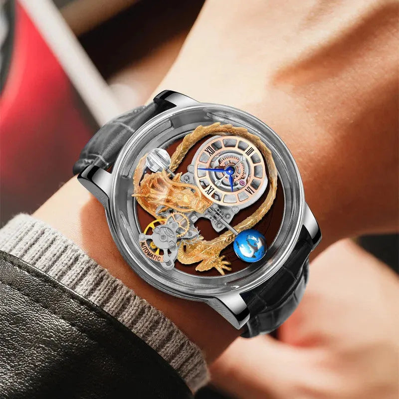 PINDU P6539 Earth Theme 3D dragon celestial watch close-up dragon sculpture movement detail blue globe white dial