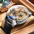 PINDU P6539 Earth Theme dragon celestial quartz watch blue leather strap dragon skeleton dial studio neutral background