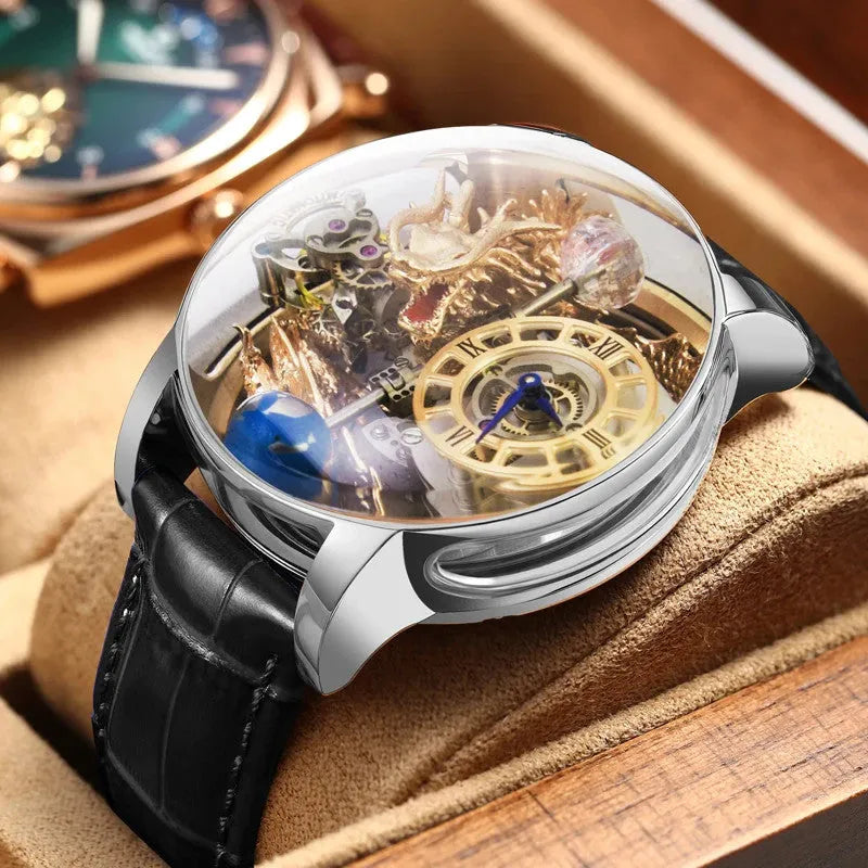 PINDU P6539 Earth Theme dragon celestial quartz watch blue leather strap dragon skeleton dial studio neutral background