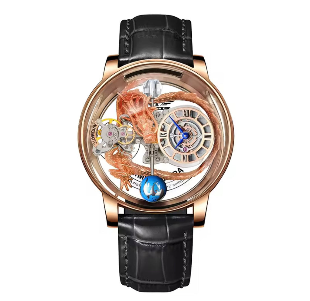 PINDU P6539 Earth Theme 3D dragon celestial quartz watch rose gold case black leather strap Roman numeral white dial front view