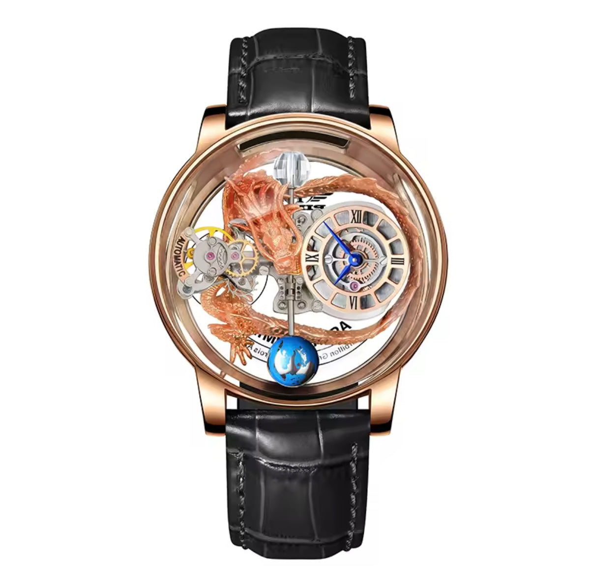 PINDU P6539 Earth Theme 3D dragon celestial quartz watch rose gold case black leather strap Roman numeral white dial front view